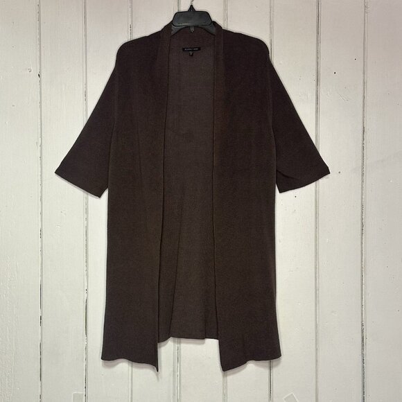 Eileen Fisher Size XL Brown Cotton Silk Knit Short Sleeve Open Cardigan Sweater - Picture 1 of 10